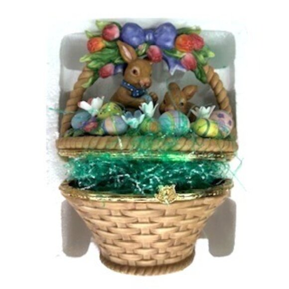 Porcelain Easter Basket Figurine With Rabbits  Eggs‎ Spring Decor 8\